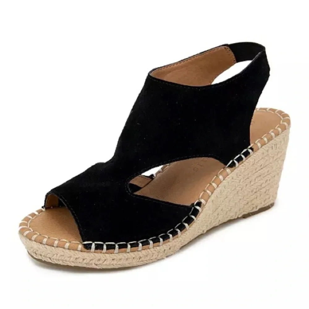 Gentle Souls Women's Cody Wedge Espadrille Sandals 7.5 M Black Suede